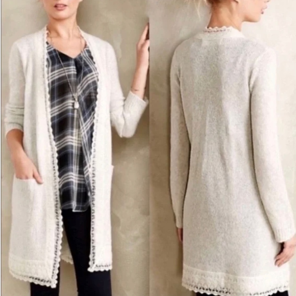 Anthropologie Sparrow Ibbie Lace Trimmed Open Wool Cardigan Sweater